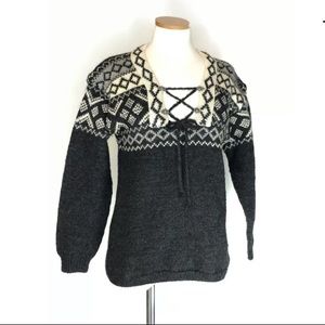 Handmade Wool Sweater Dark Gray Diamond Pattern